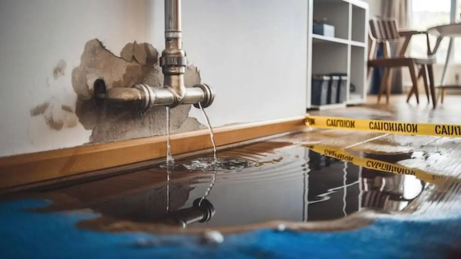 Leaking pipe in a wall with water on the floor behind caution tape