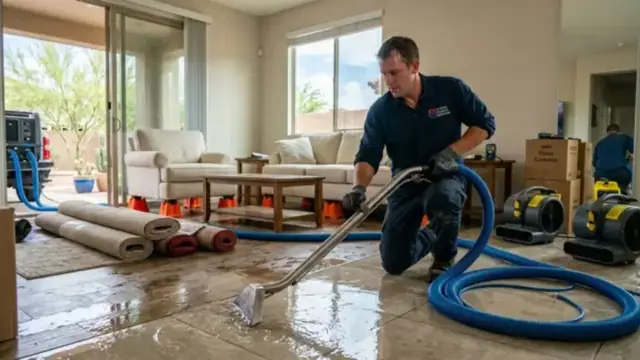 Technician using a hose extractor to pull water from a living room floor with air movers running