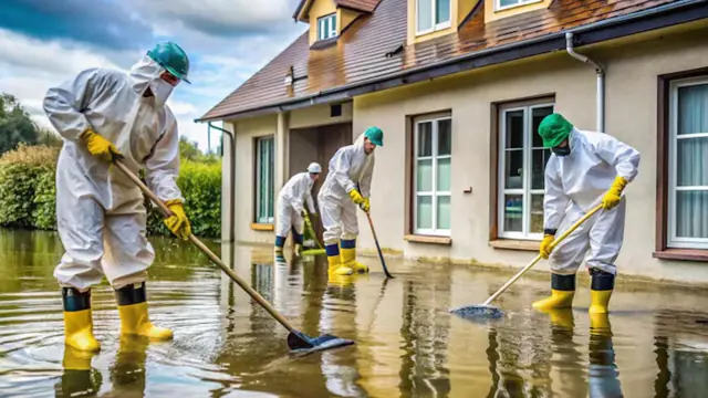 Crew in white protective suits and yellow boots clearing floodwater beside a house