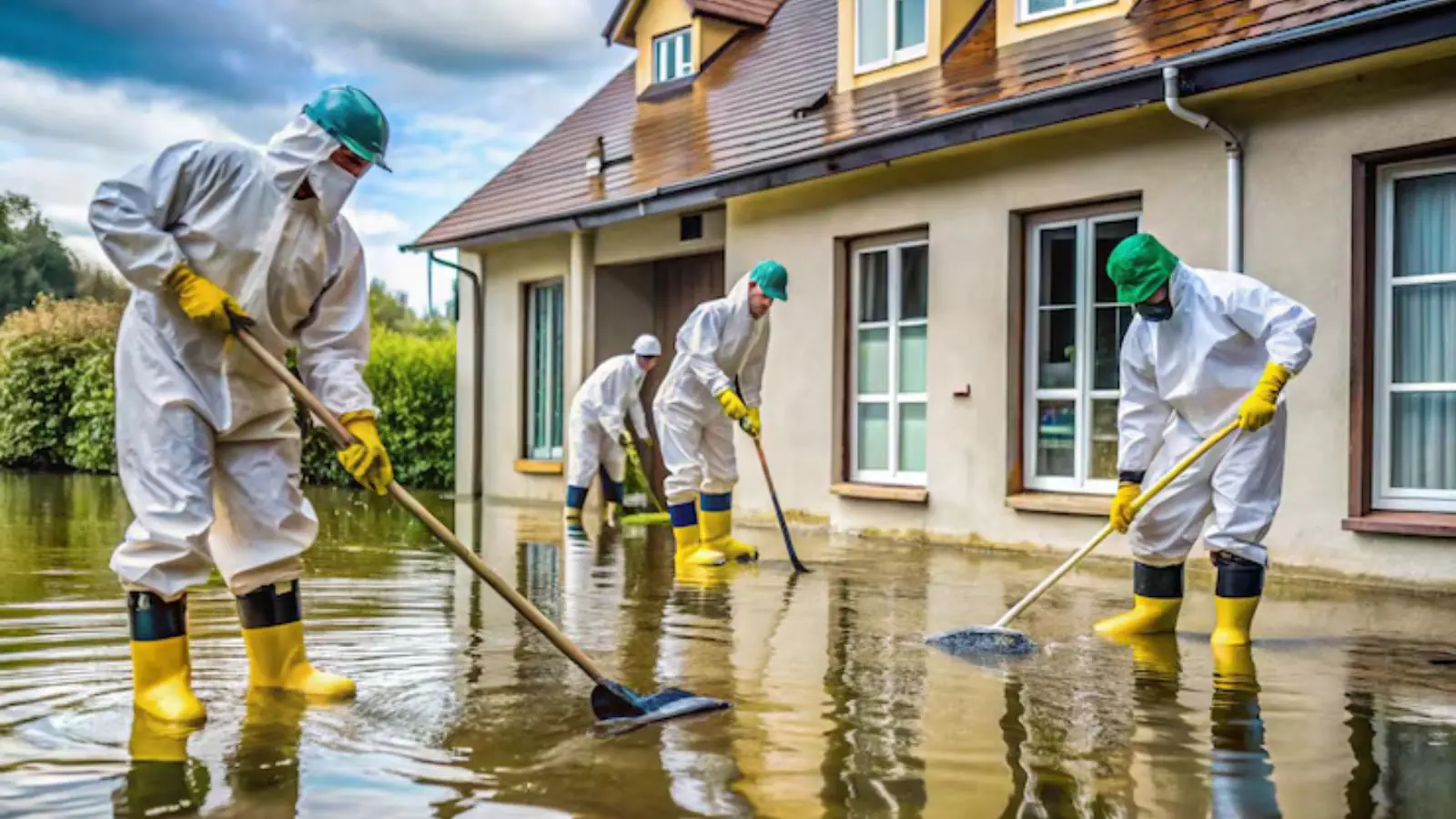 Crew in white protective suits and yellow boots clearing floodwater beside a house