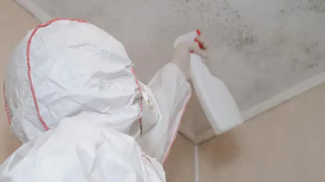 Worker in a protective hood spraying a mold-spotted ceiling corner