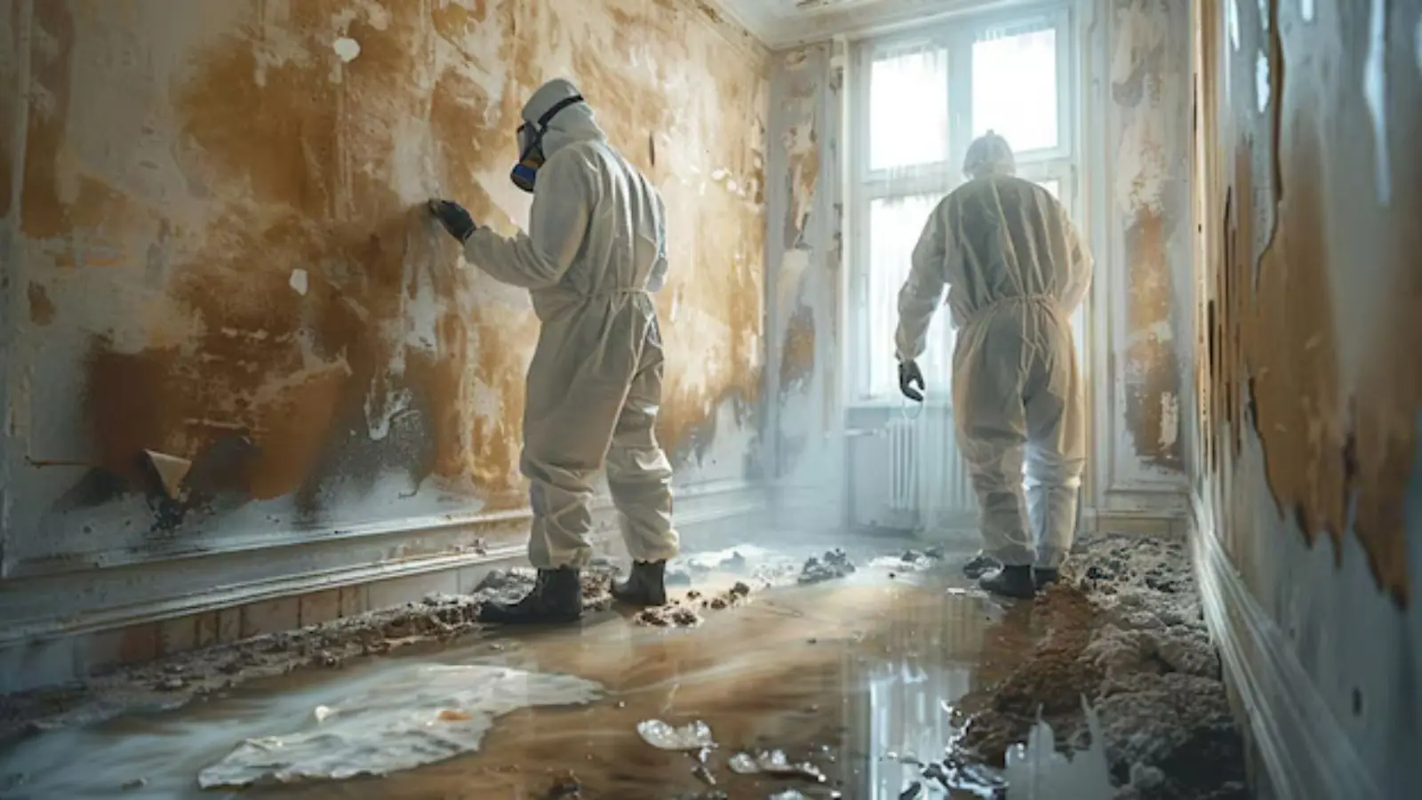 Two workers in protective suits and respirators treating mold-stained walls in a damp room