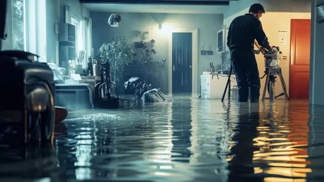 Technician documenting a flooded room with a camera on a tripod