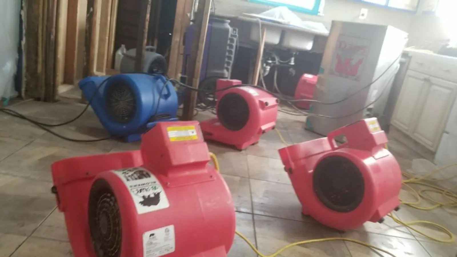 Red and blue air movers drying a kitchen floor next to opened wet walls